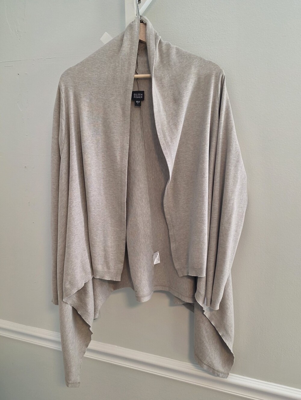 Eileen Fisher Draped Open Front Cardigan Large Taupe Beige Asymmetrical Hem